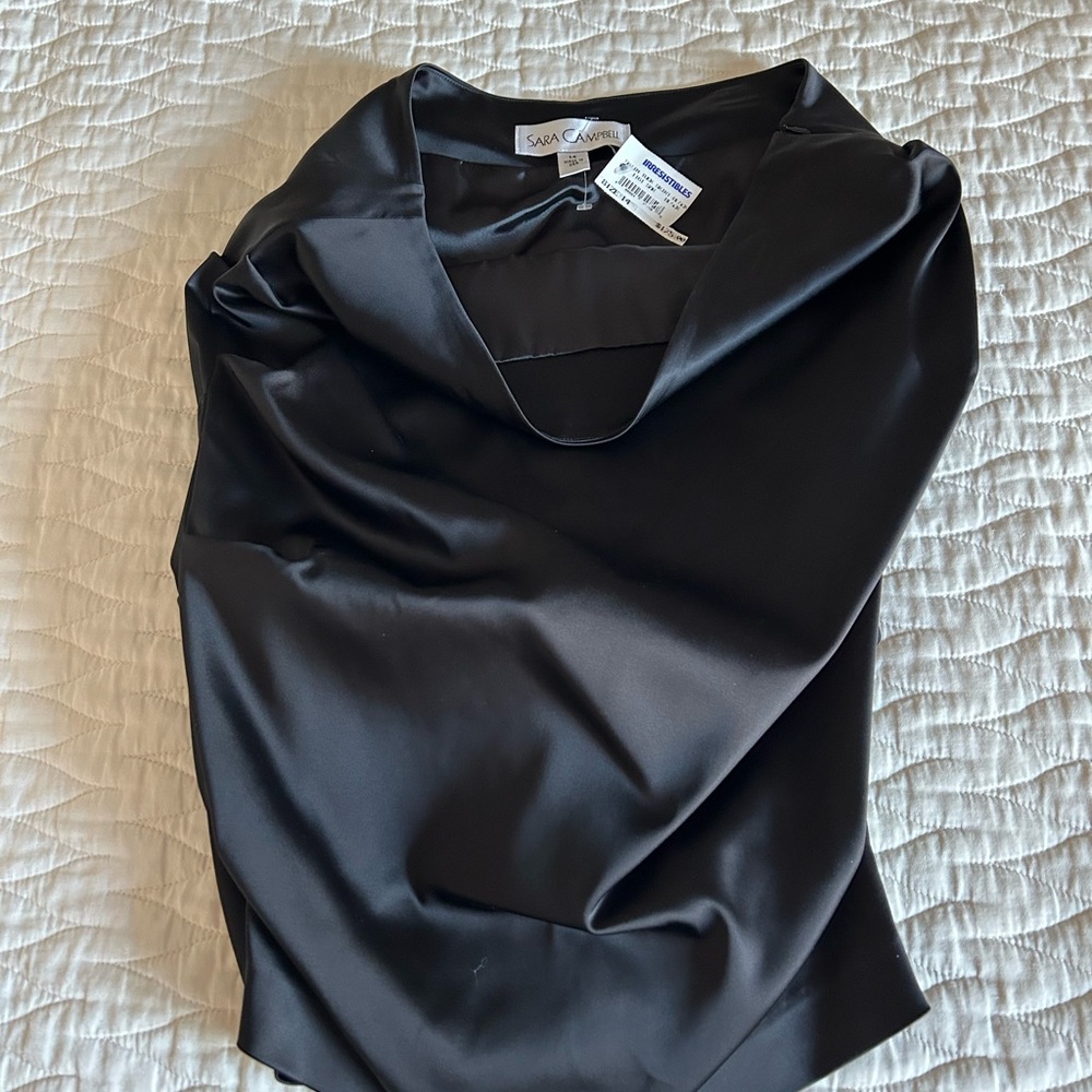 NWT Sara Campbell Elegant Black Satin ruched tuck skirt.  Size 14.